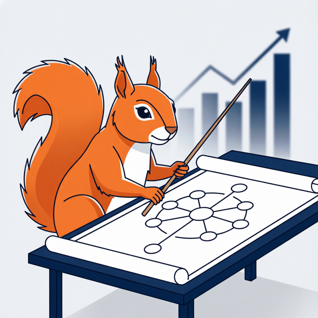 The Alert Squirrel strategist at a drafting table, pointing at a hub-and-spoke blueprint